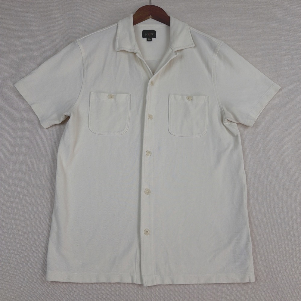 J. Crew Button Up Knit Shirt Mens MT Cream Preppy Textured Pockets Short Sleeve